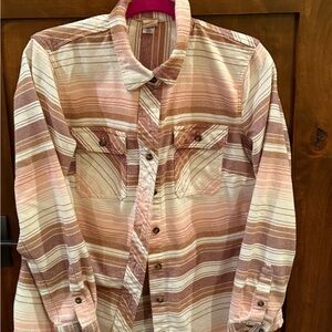 Duluth Trading women’s Medium Trendy Striped Shirt with Pink Accents